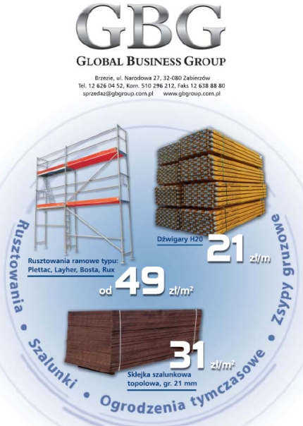 GBG Group - rusztowania, szalunki, zsypy gruzowe (reklama)